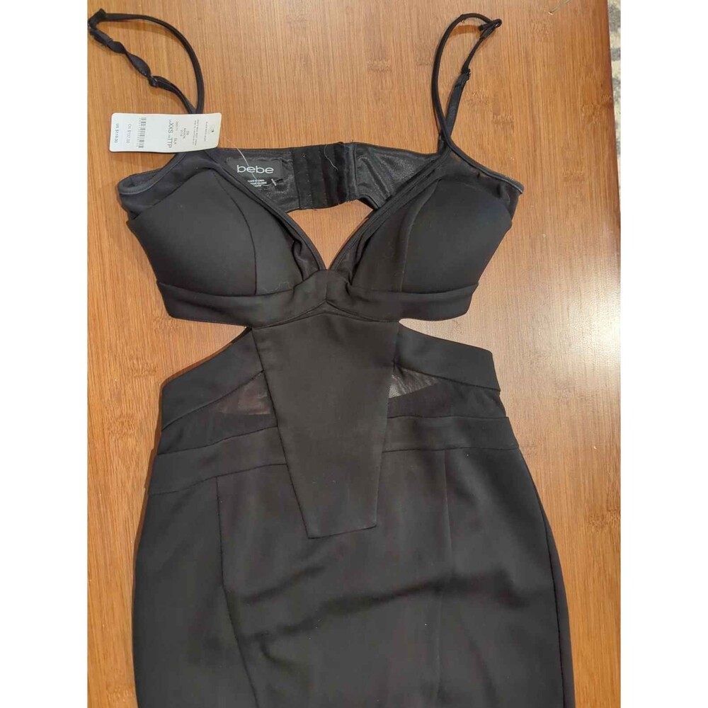 Bebe Black Deep V Mesh Cutout Bodycon Mini Dress XS Sexy Night Out Club Cocktail - Picture 2 of 5
